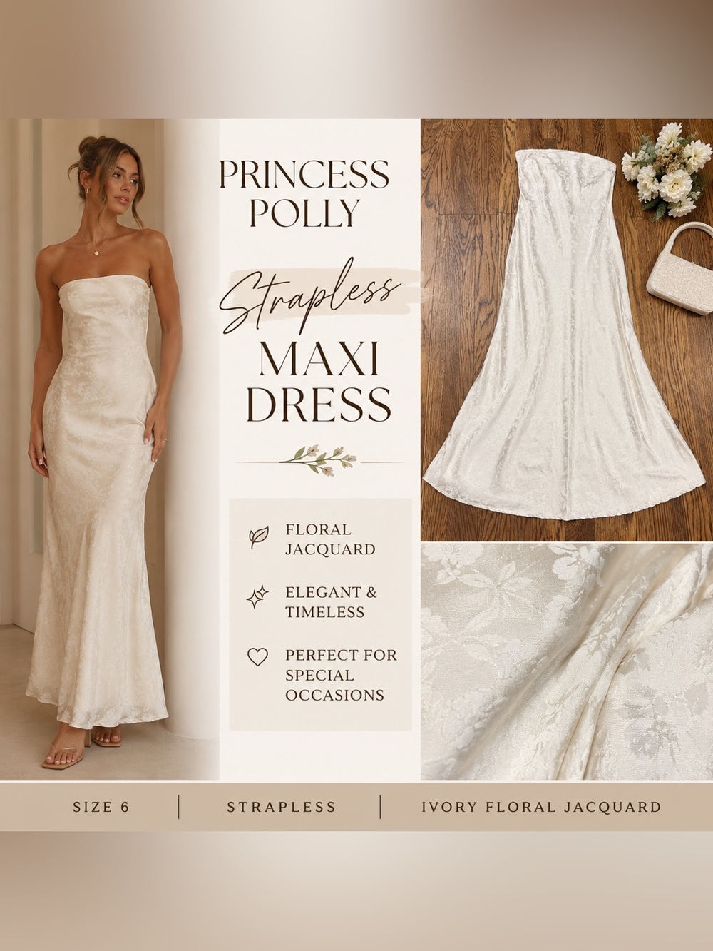 Princess Polly Strapless Floral Jacquard Maxi Slip Dress Ivory Size 6 Homecoming